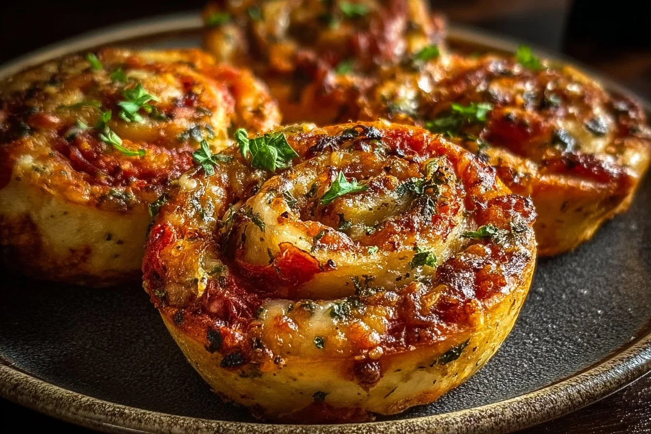 Plate of savory baked Italian pinwheels, a delicious appetizer.