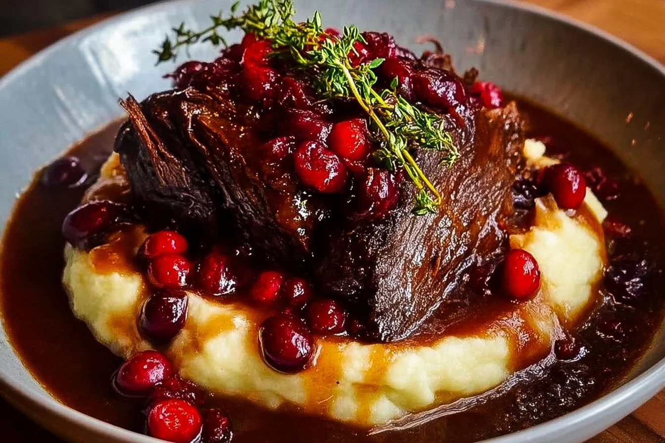 Slow-braised beef roast with cranberry balsamic glaze served on a plate.