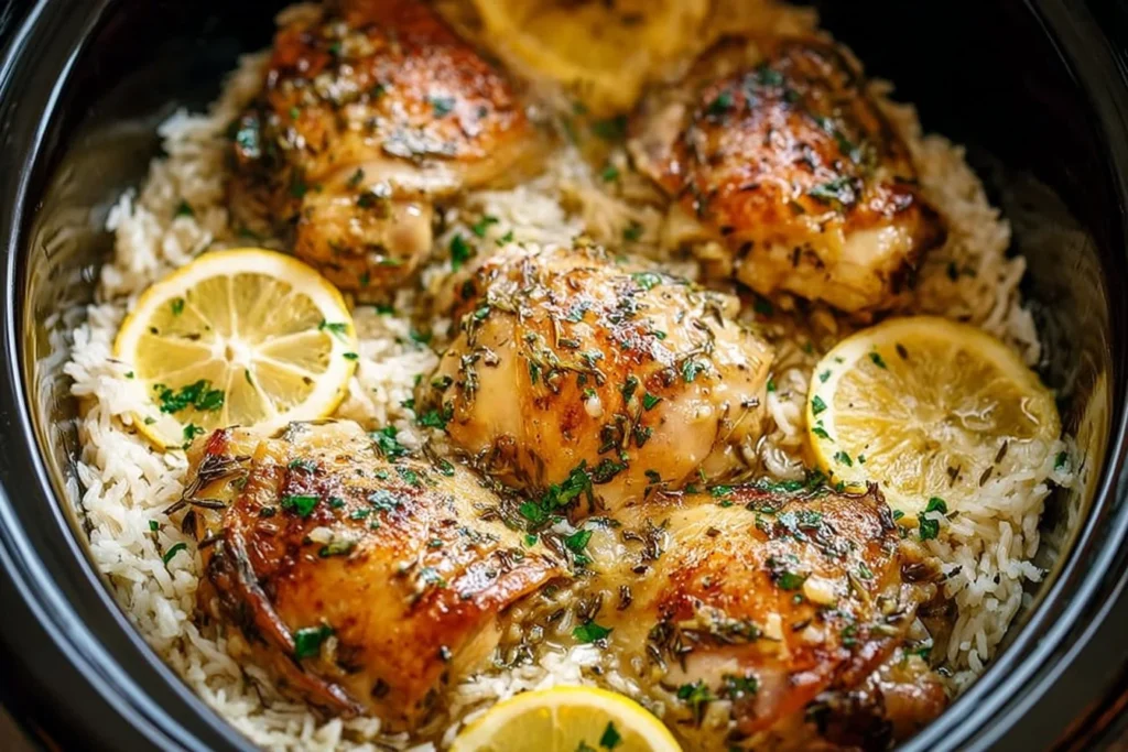 Delicious slow cooker lemon herb chicken served with rice