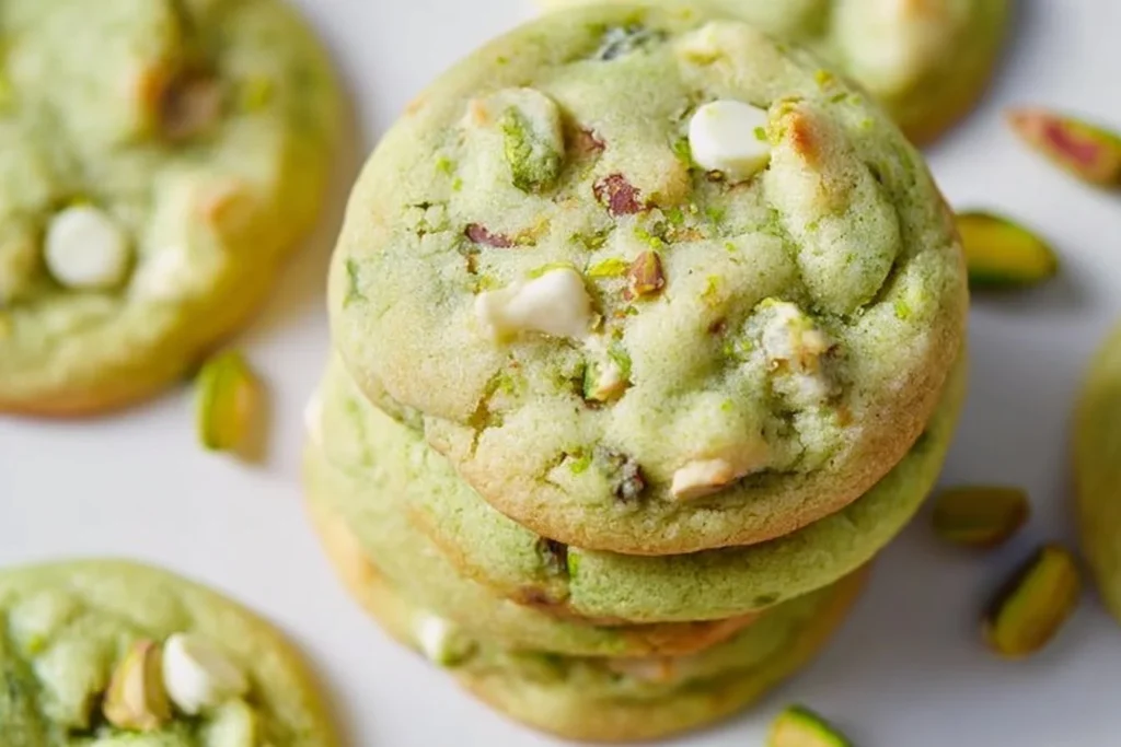 Soft and chewy pistachio pudding cookies on a baking tray