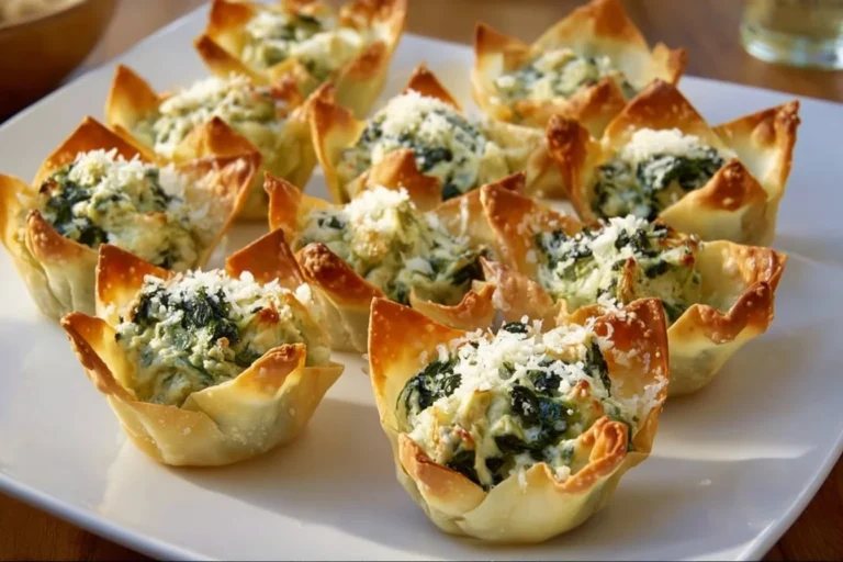 Spinach Artichoke Dip served in crispy wonton cups, a perfect appetizer.