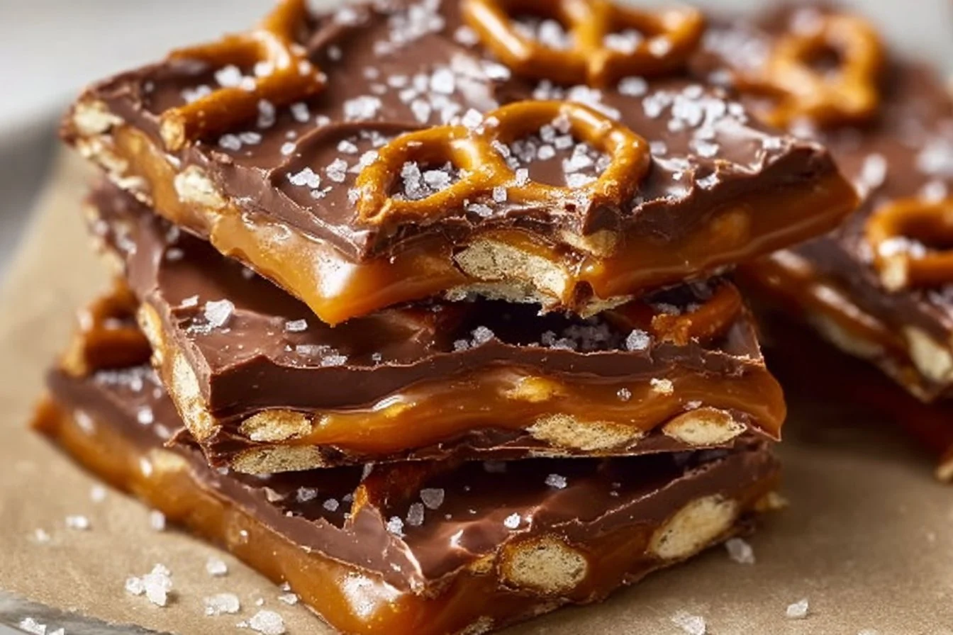 Delicious homemade salted caramel pretzel bark with chocolate and sea salt