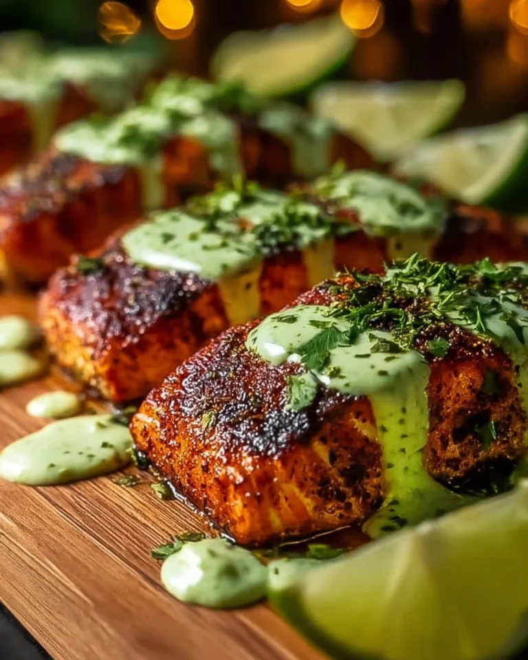 Baked Cajun Salmon fillet with Avocado Lime Sauce on a plate