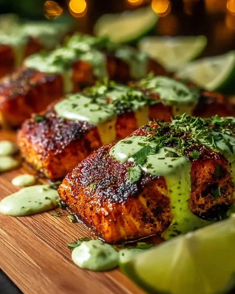 Baked Cajun Salmon fillet with Avocado Lime Sauce on a plate