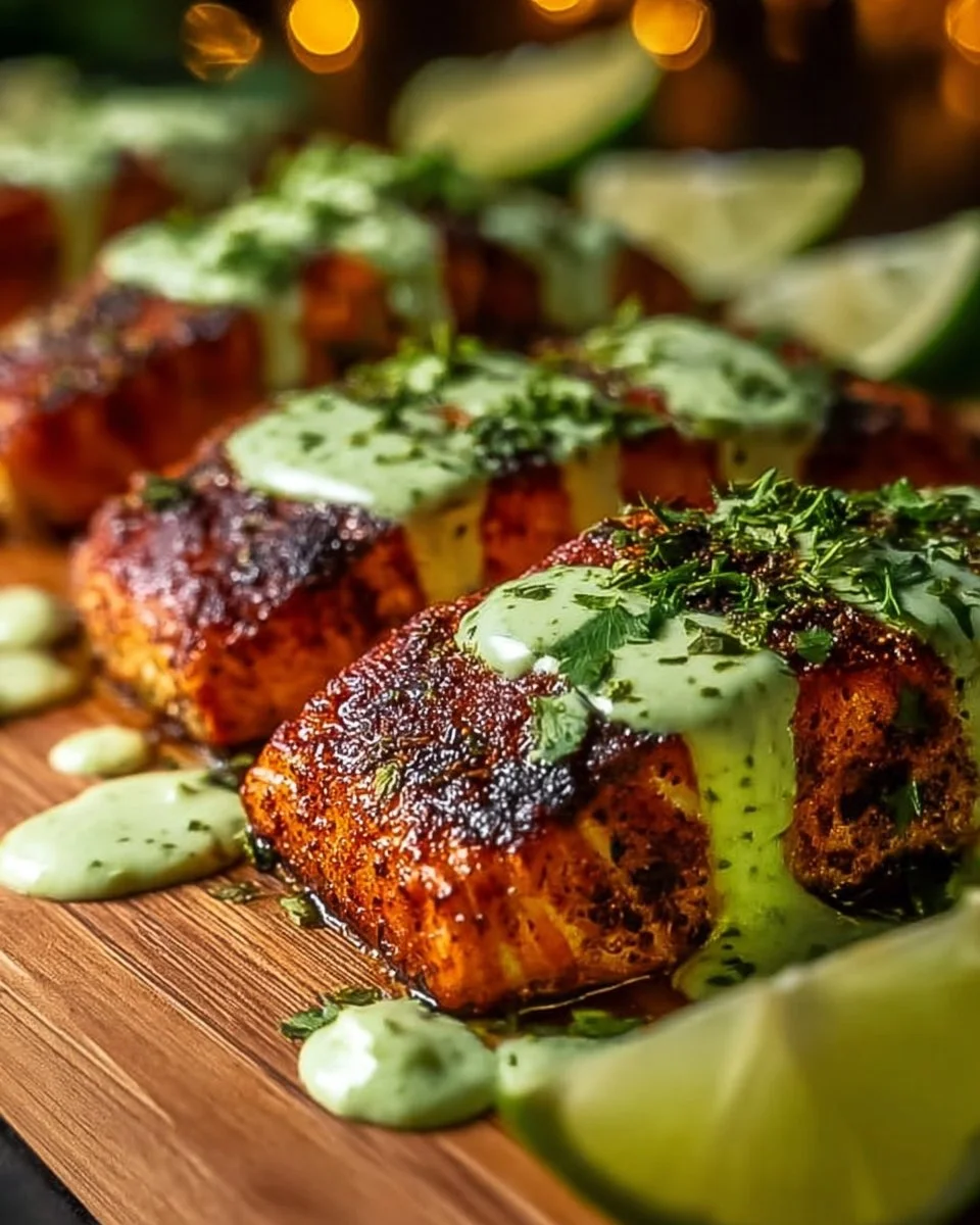 Baked Cajun Salmon fillet with Avocado Lime Sauce on a plate