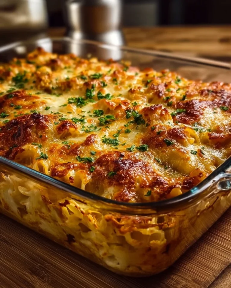 Delicious BBQ Ranch Chicken Casserole topped with melted cheese and garnish.