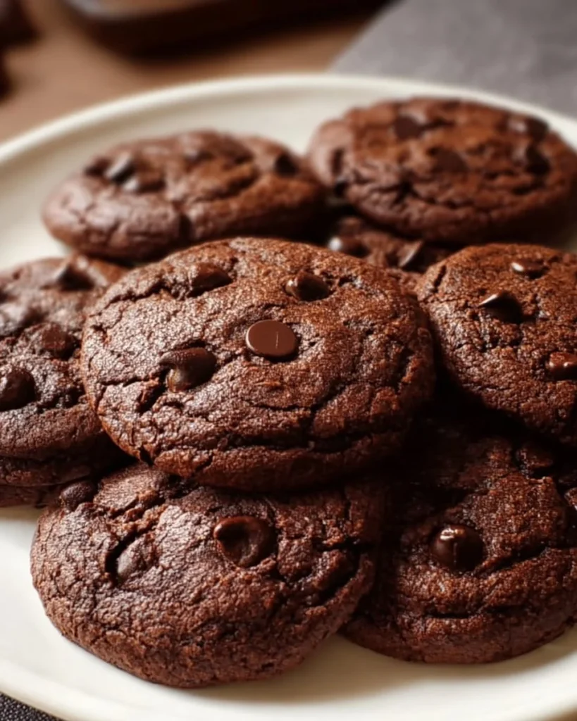 Delicious double chocolate chip cookies stacked on a plate