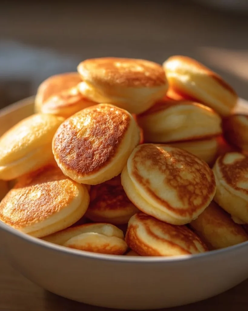 Fluffy breakfast pancake poppers served with syrup on a plate.