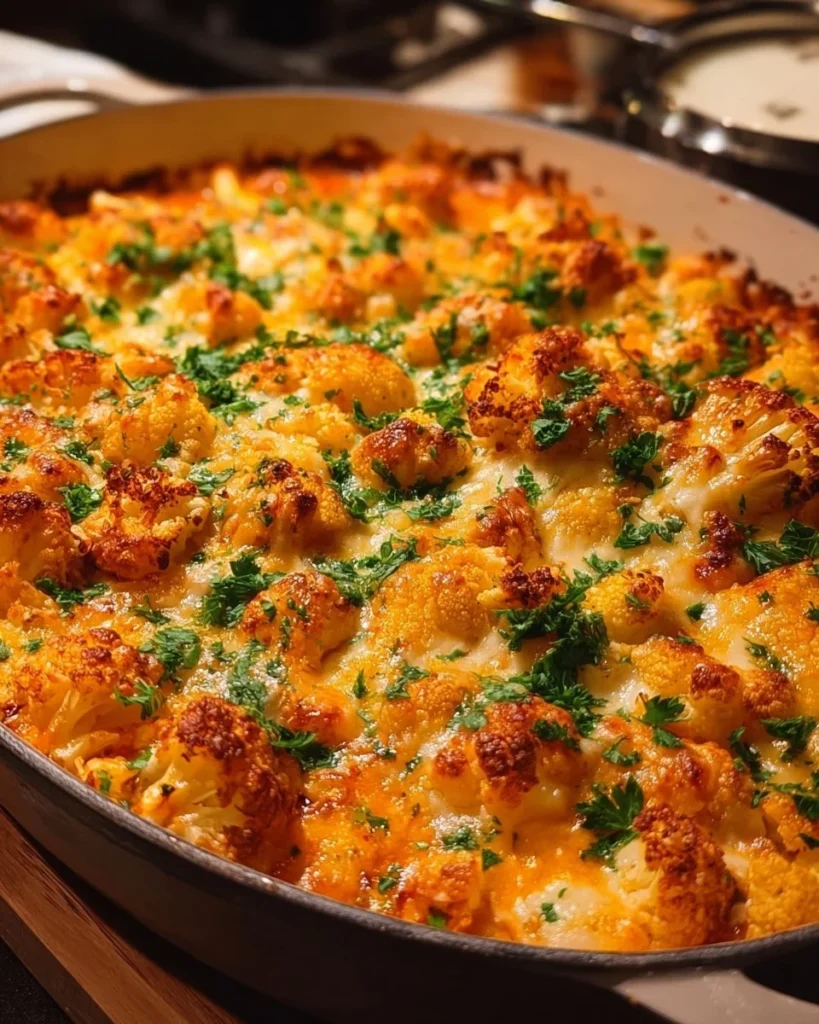 Buffalo Chicken Cauliflower Casserole topped with cheese and green onions