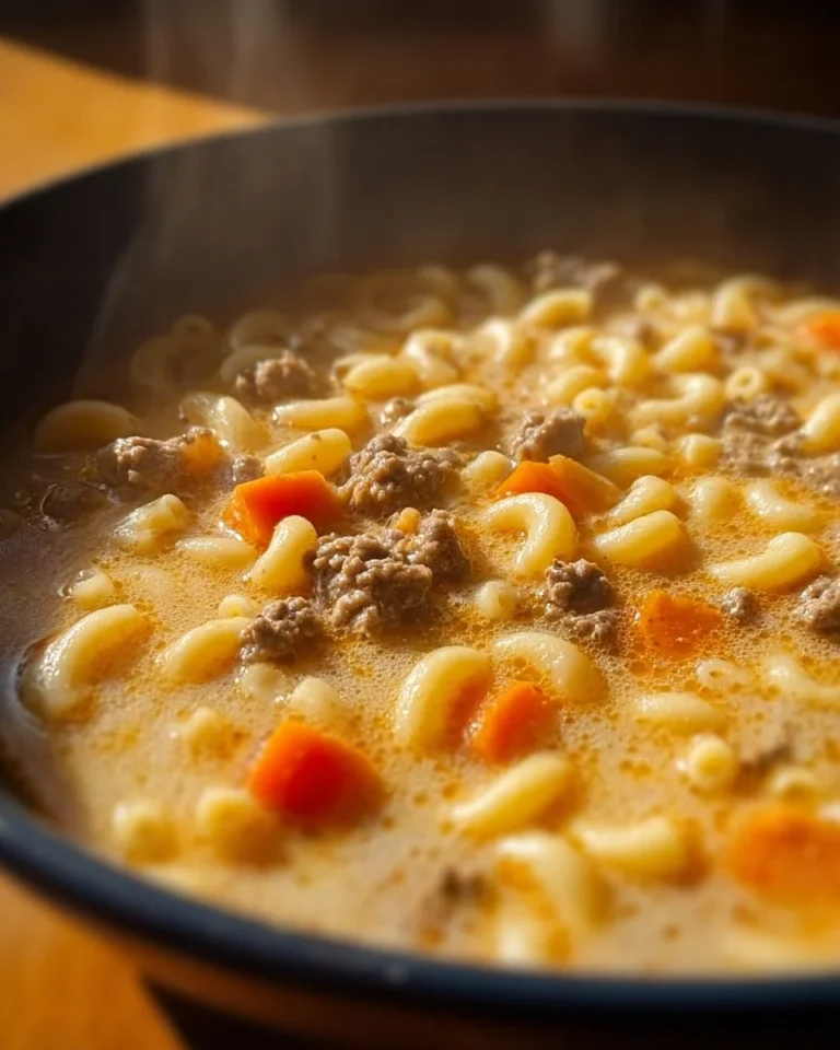 Delicious cheeseburger macaroni soup in a bowl, garnished with herbs.