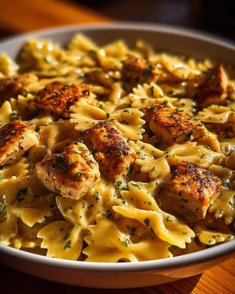 Cheesy Garlic Butter Chicken Bowties served in a bowl with herbs and cheese.