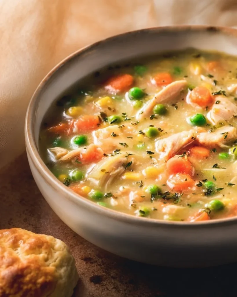 Bowl of Chicken Pot Pie Soup with vegetables and biscuit topping