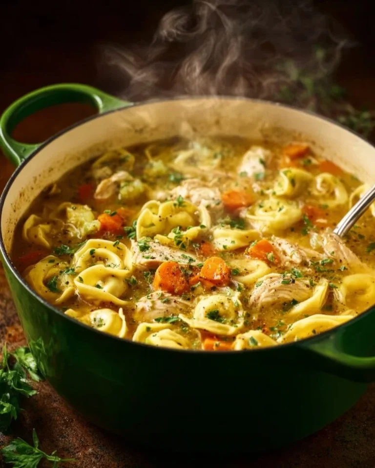 Bowl of chicken tortellini soup topped with fresh herbs and vegetables.