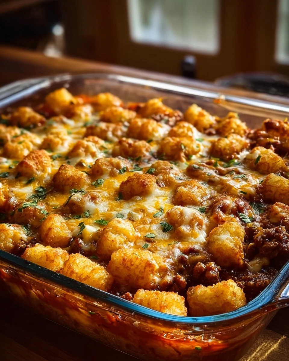 Decadent Chili Cheese Tater Tot Casserole topped with cheese and tater tots