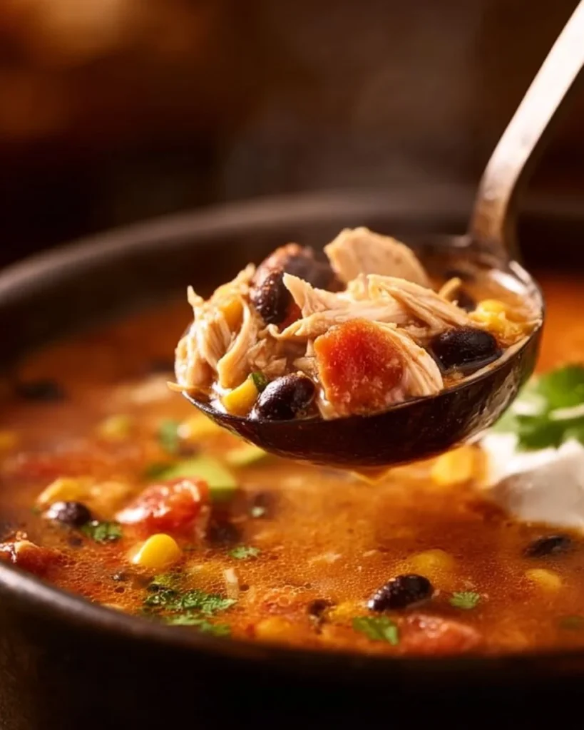 Bowl of Classic Chicken Tortilla Soup topped with tortilla strips and cilantro