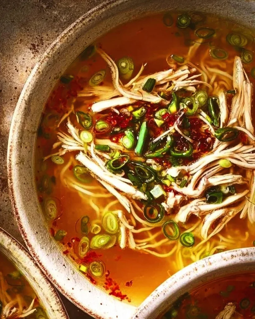 Bowl of classic ginger garlic chicken noodle soup with herbs and vegetables