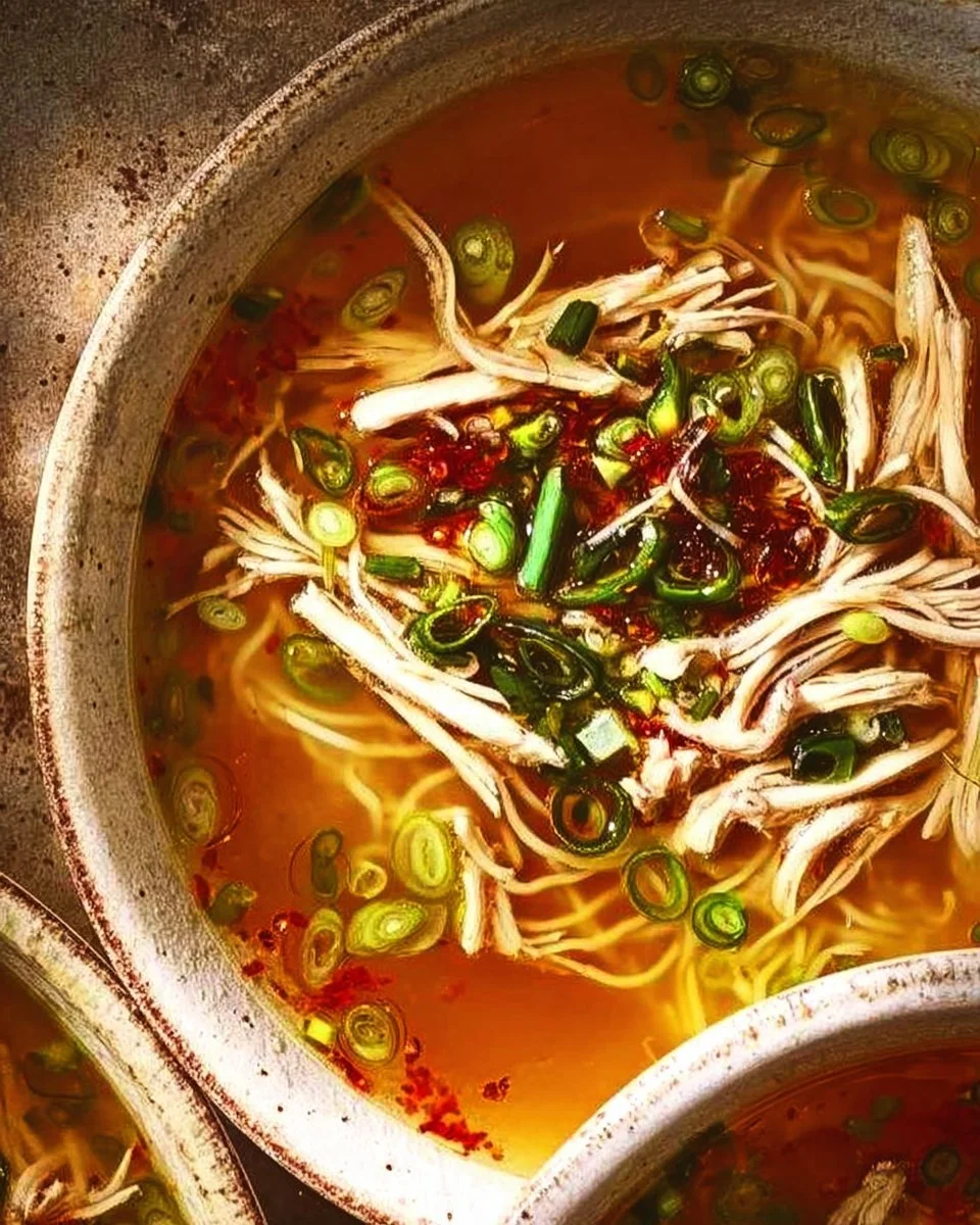 Bowl of classic ginger garlic chicken noodle soup with herbs and vegetables