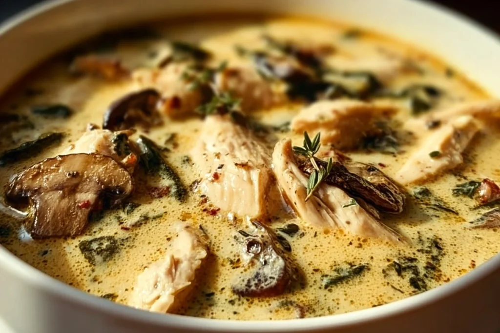 Bowl of clean chicken mushroom soup with fresh ingredients and herbs