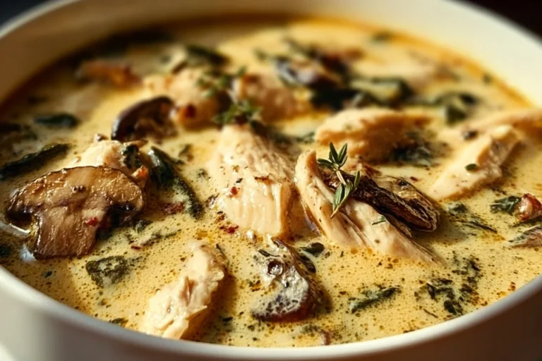 Bowl of clean chicken mushroom soup with fresh ingredients and herbs