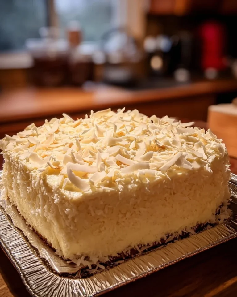 Slice of Coconut Cream Cake with fluffy frosting and coconut flakes