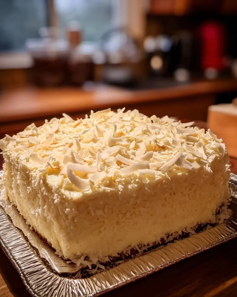 Slice of Coconut Cream Cake with fluffy frosting and coconut flakes