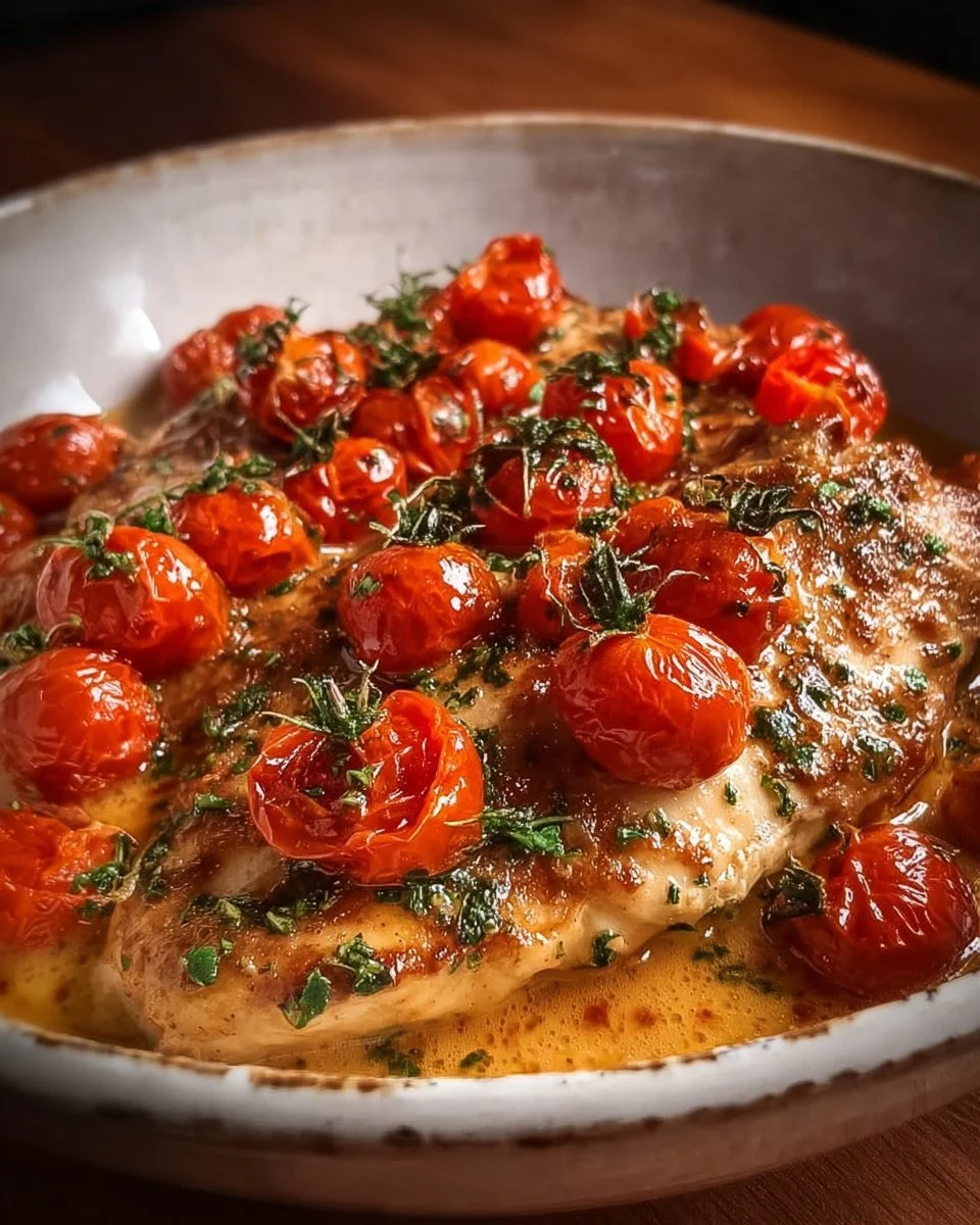 Creamy baked chicken topped with fresh cherry tomatoes, garnished and plated