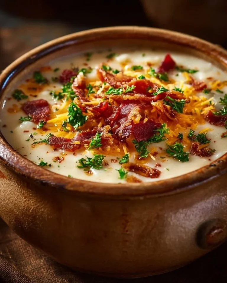 Bowl of creamy cheesy potato soup topped with herbs and cheese