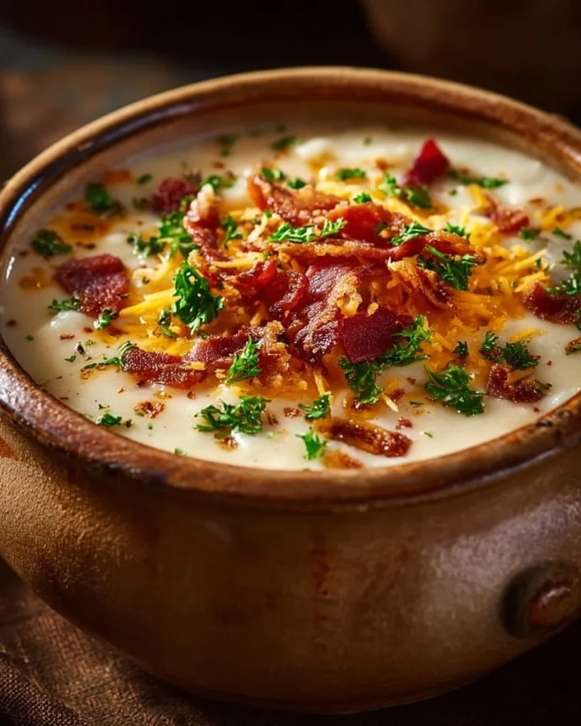 Bowl of creamy cheesy potato soup topped with herbs and cheese