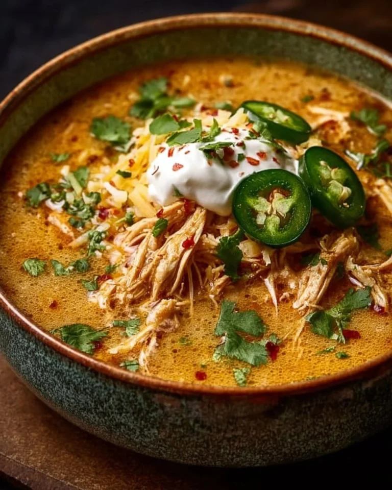 Creamy chicken enchilada soup in a bowl with toppings