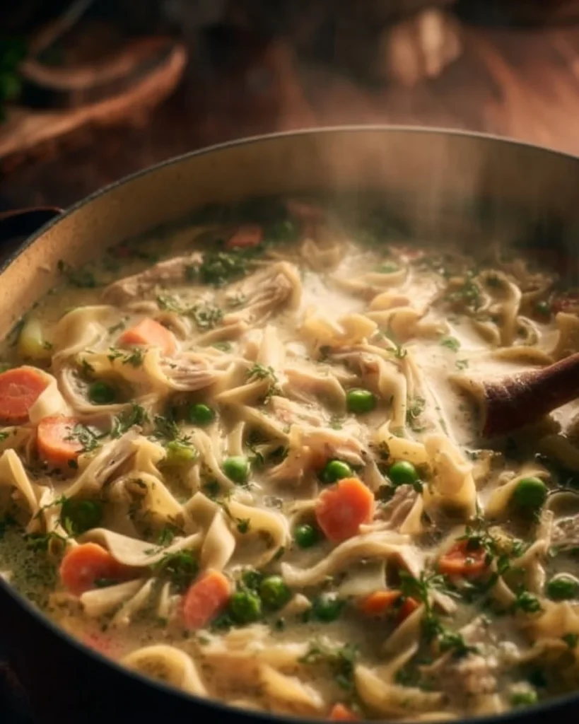 Bowl of creamy Chicken Noodle Soup with herbs and noodles