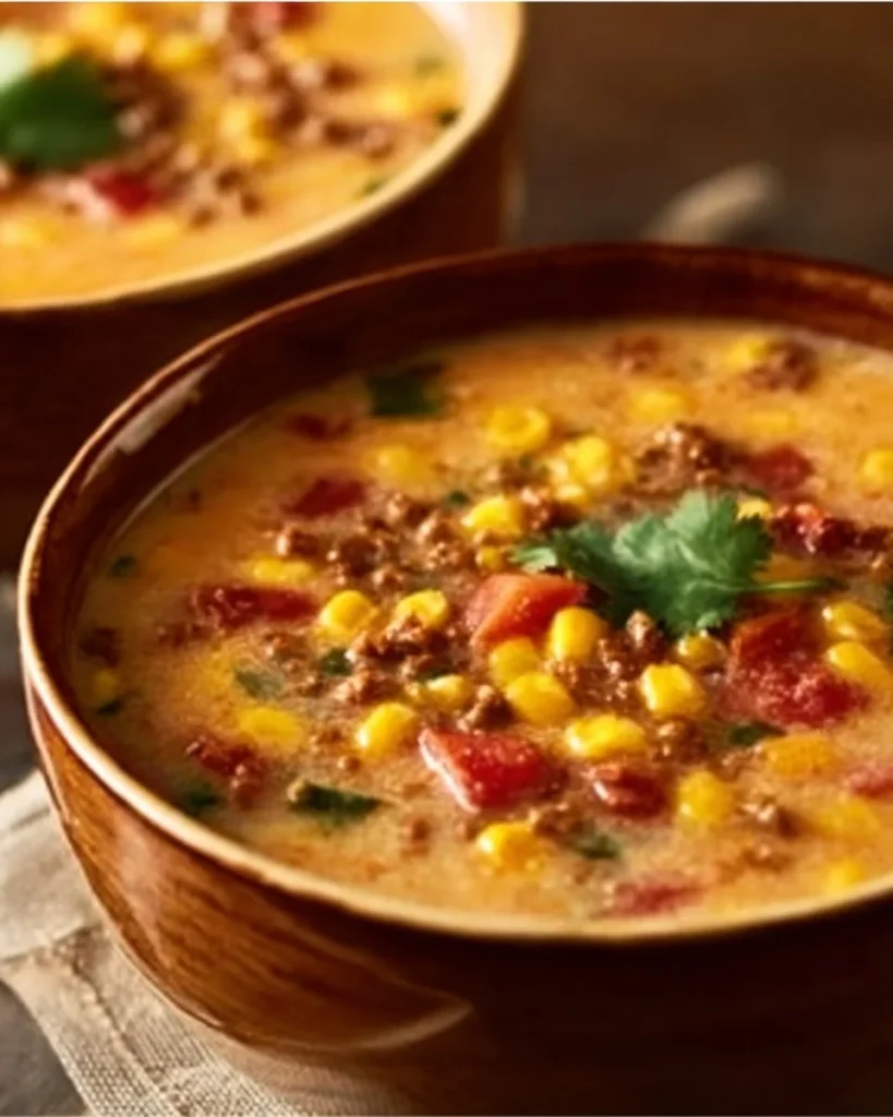 Creamy Cowboy Soup served in a bowl with colorful vegetables and spices