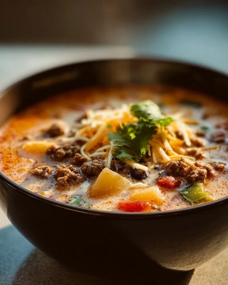 Bowl of creamy cowboy soup with vegetables and herbs