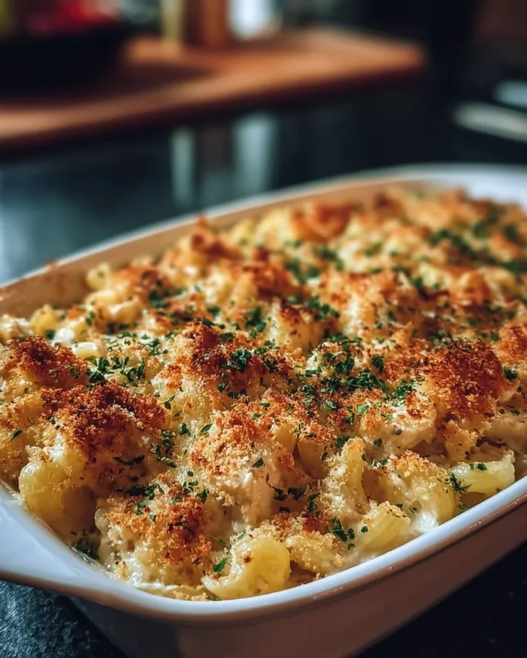 Creamy Garlic Parmesan Chicken Pasta Bake served in a dish with cheese and herbs