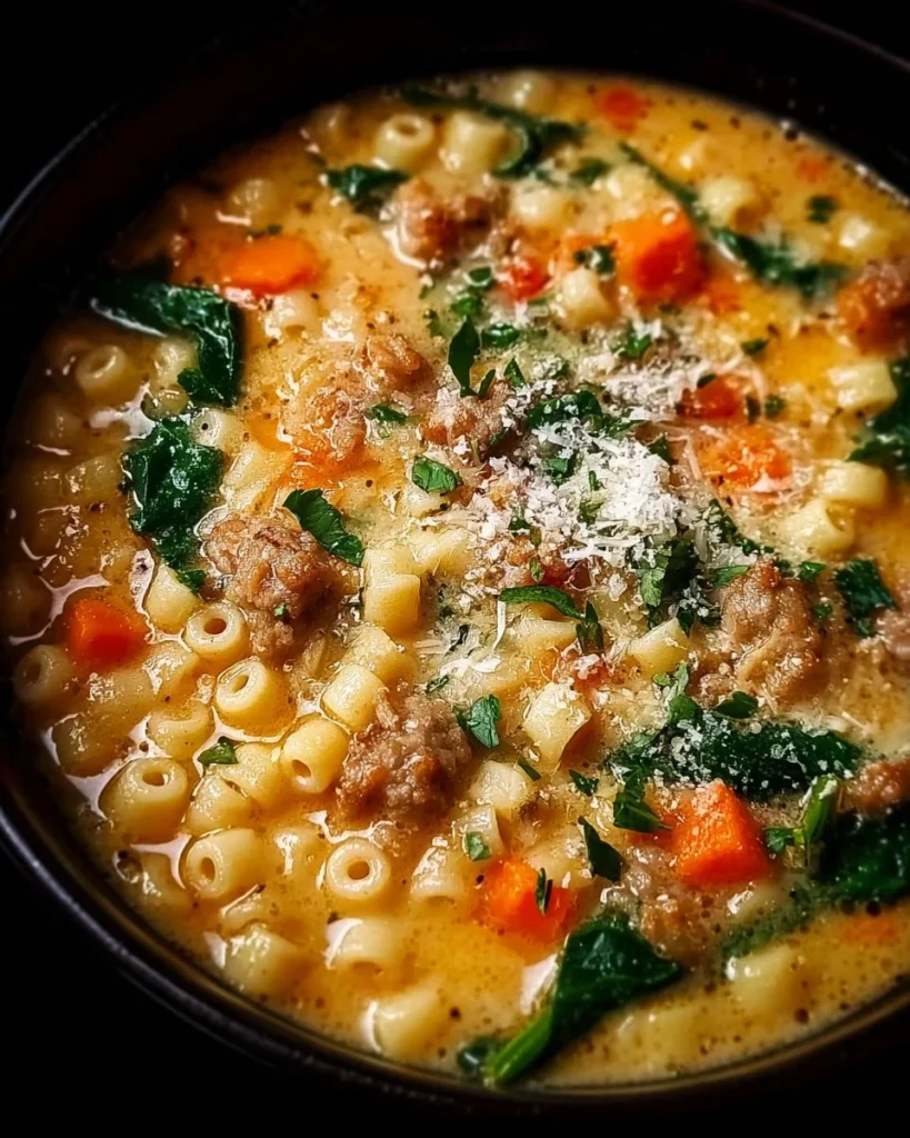 Creamy Italian sausage soup with ditalini pasta in a bowl, garnished with herbs.