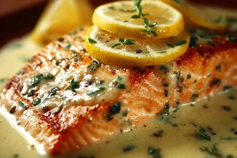 Creamy lemon garlic salmon piccata served with lemon slices and herbs