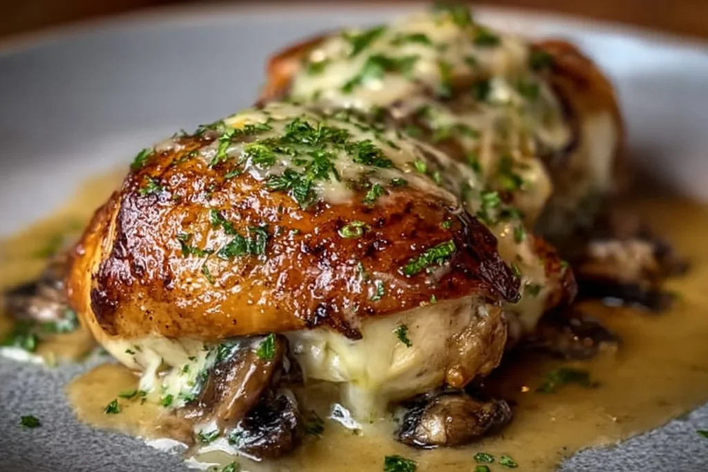 Creamy mushroom chicken meatballs served on a plate