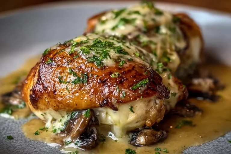 Creamy mushroom chicken meatballs served on a plate