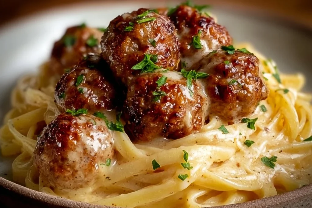 Creamy mushroom chicken meatballs recipe served in a skillet for a comforting dinner.