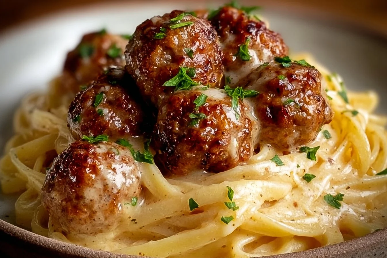 Creamy mushroom chicken meatballs recipe served in a skillet for a comforting dinner.