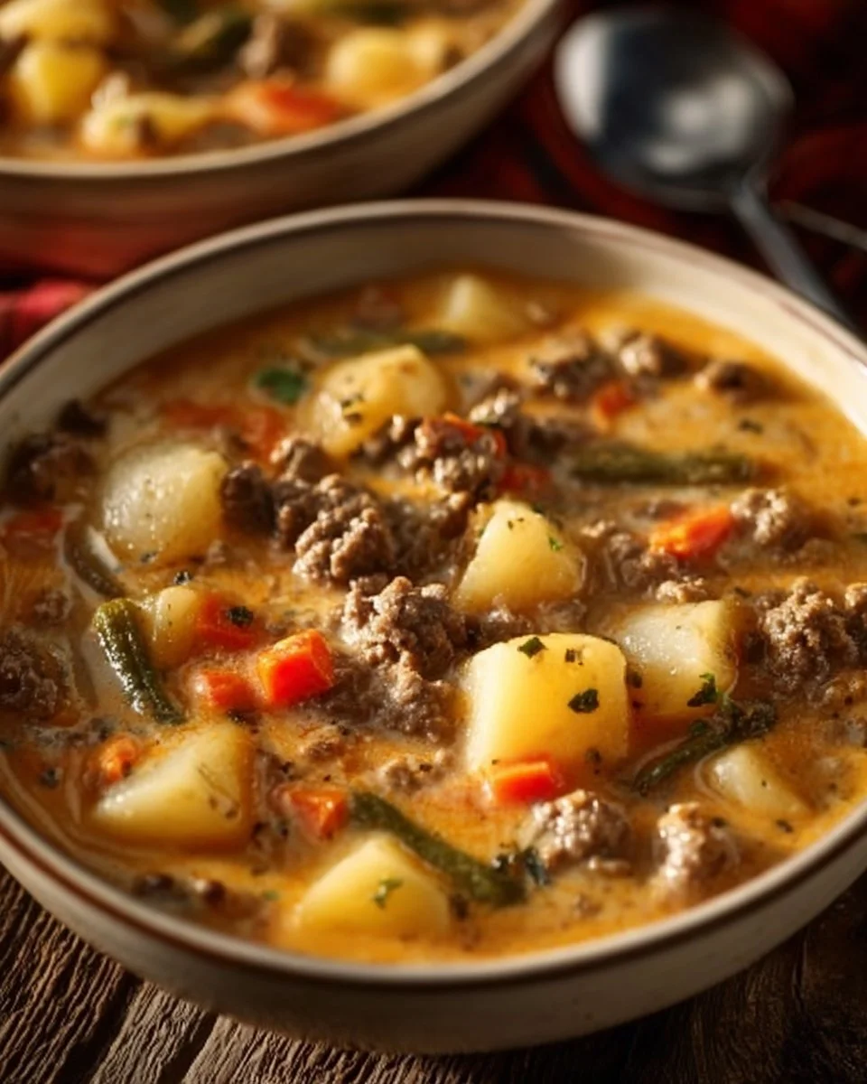 Crockpot creamy potato and hamburger soup in a bowl