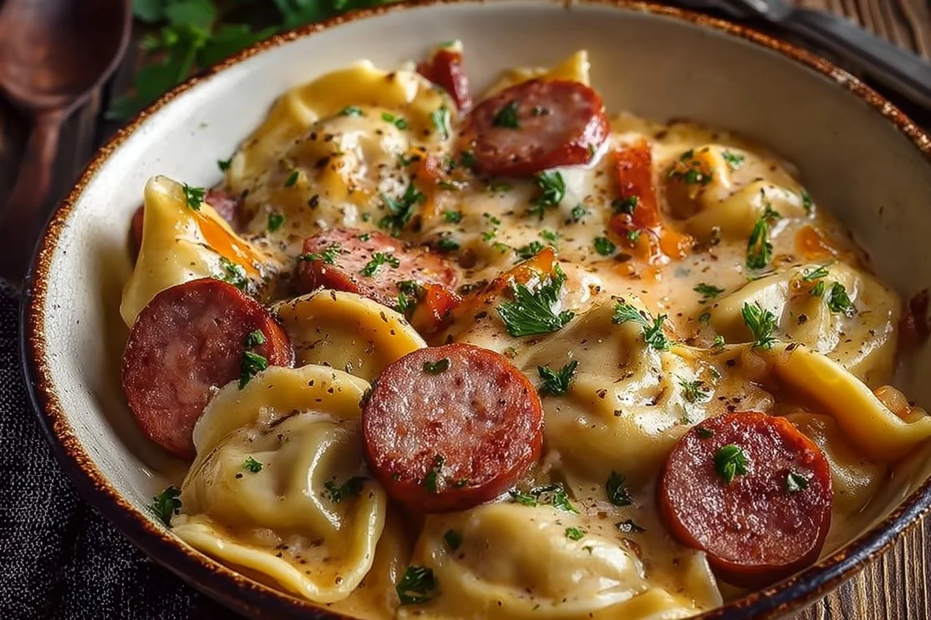 Crockpot Pierogi Casserole with Kielbasa on a wooden table
