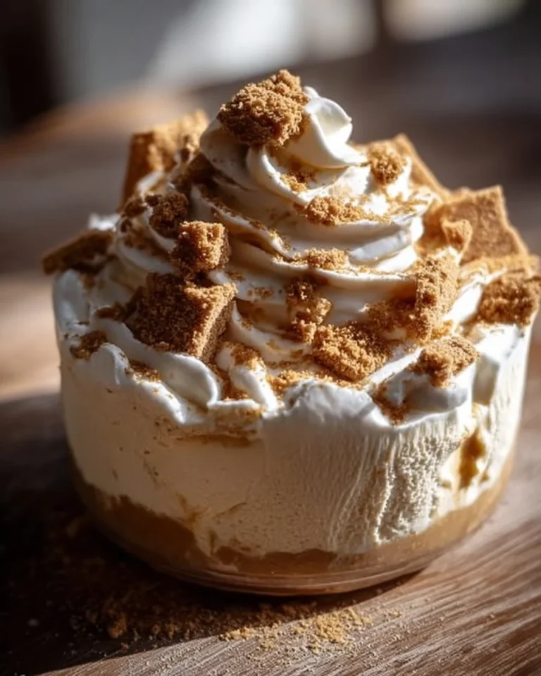 Decadent Biscoff mousse topped with fluffy whipped cream in a dessert bowl