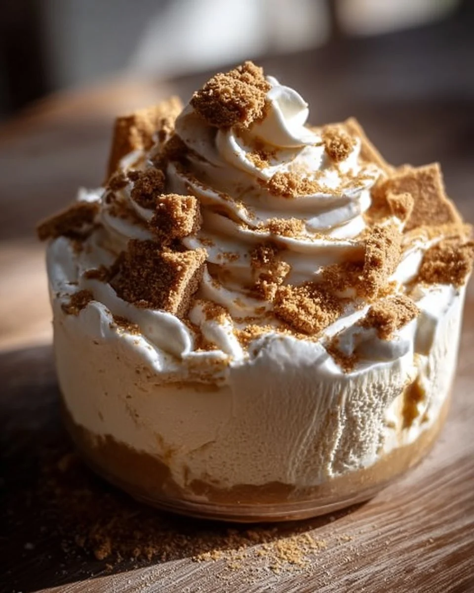 Decadent Biscoff mousse topped with fluffy whipped cream in a dessert bowl
