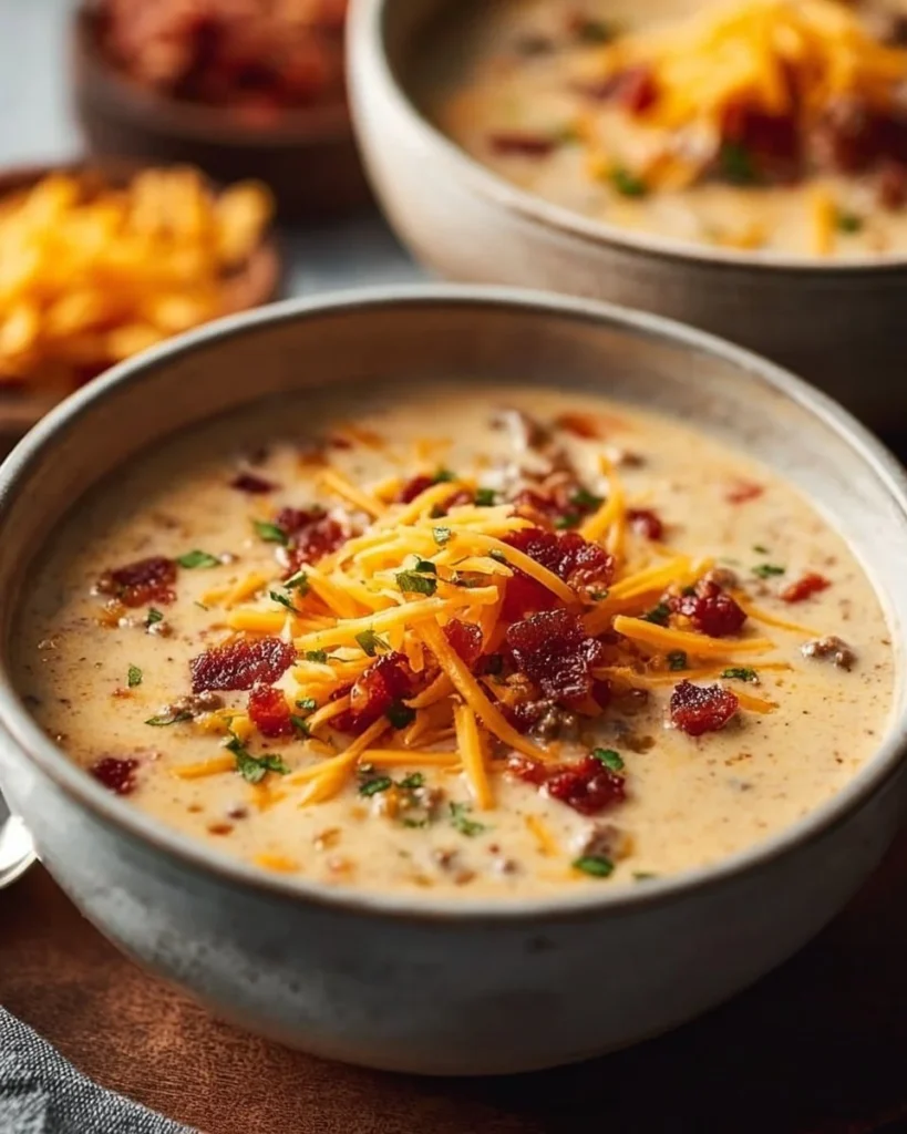 Bowl of easy cheeseburger soup with toppings like cheese and bacon