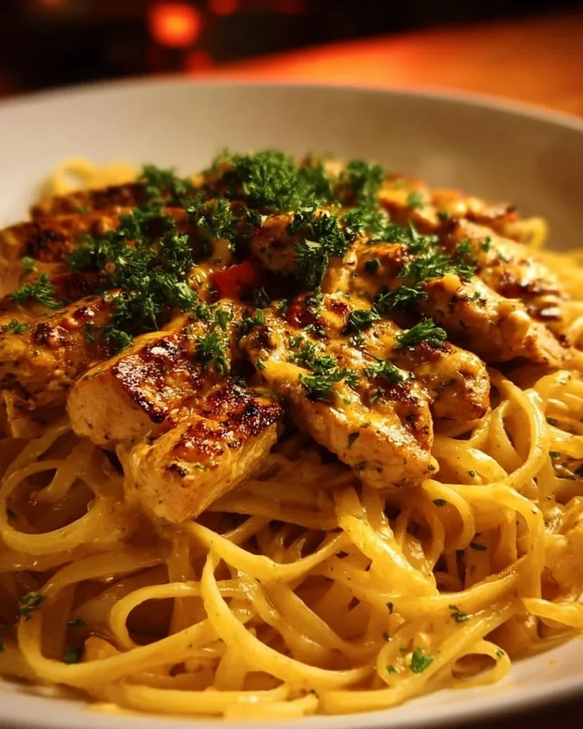 Plate of Easy Cowboy Butter Chicken Linguine garnished with herbs