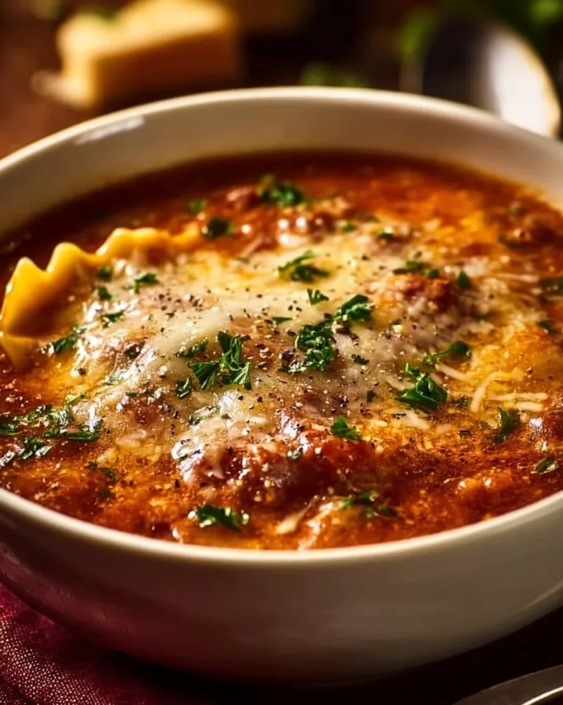 Delicious bowl of Easy Creamy Lasagna Soup with cheese and noodles