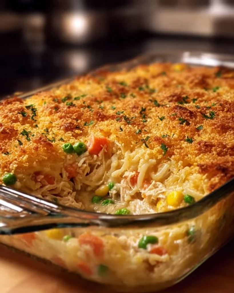 Delicious Easy Hashbrown Chicken Casserole served in a baking dish