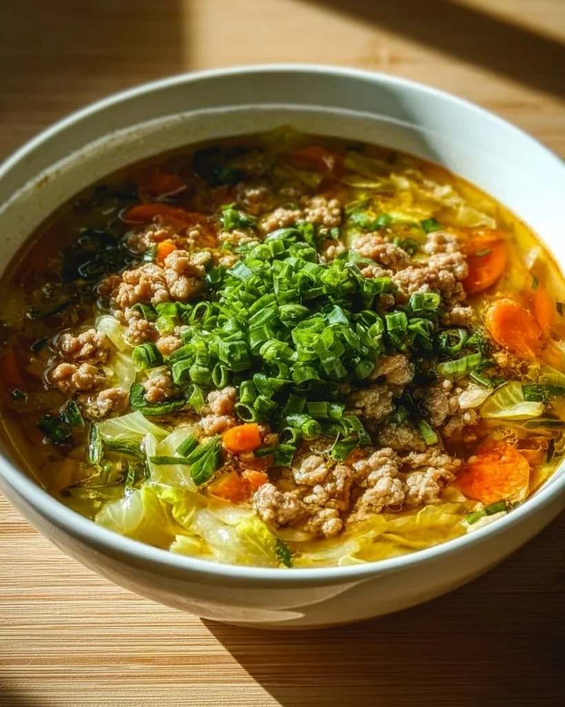 Bowl of homemade Egg Roll Soup with colorful vegetables and seasonings