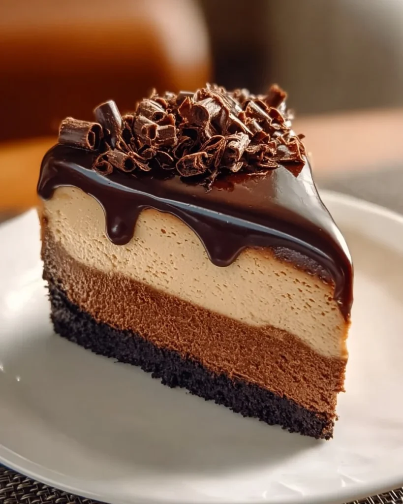 Slice of delicious Espresso Coffee Cheesecake garnished with chocolate and coffee beans
