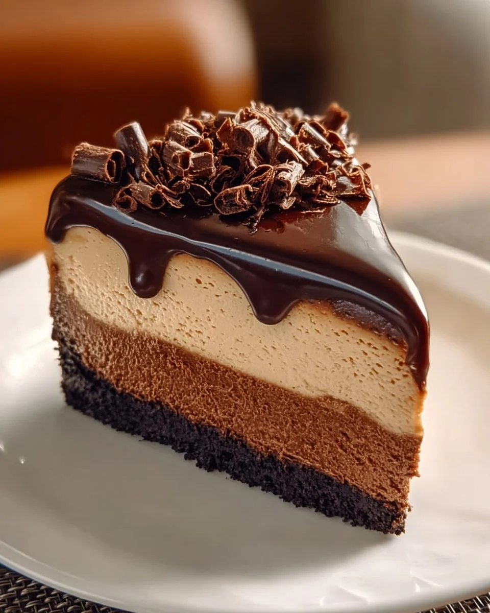 Slice of delicious Espresso Coffee Cheesecake garnished with chocolate and coffee beans